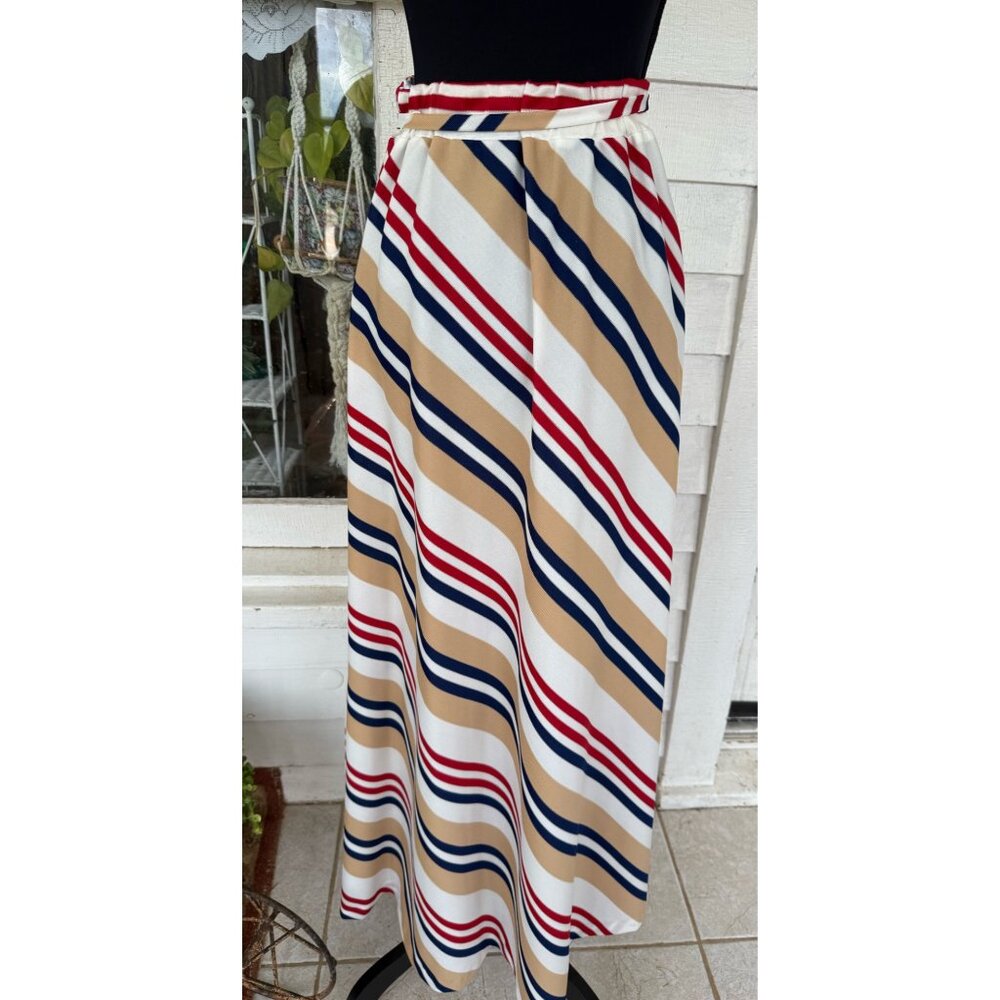 Vintage 70's Stripe MOD Maxi Skirt Chevron Stripe Blue Tan Red Size S-M - Picture 5 of 11